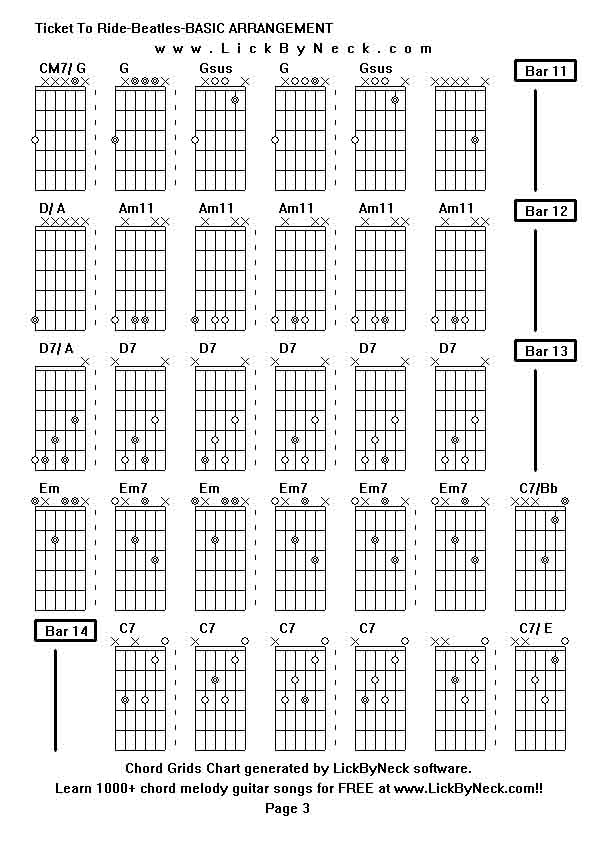 Chord Grids Chart of chord melody fingerstyle guitar song-Ticket To Ride-Beatles-BASIC ARRANGEMENT,generated by LickByNeck software.